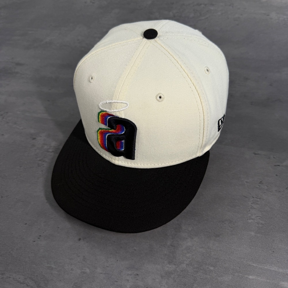 New Era Mag Park Anaheim Angels Hat 7 1/8 Cream White Black Apple Mcintosh‎ Cap